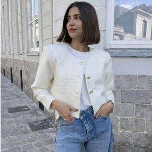 ZARA Textured Tweed Round Collar Blazer Size XL